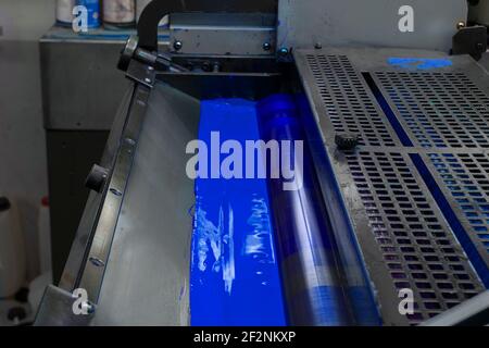 Color and glossy rollers of offset printing machine. offset ink colour. Cyan Stock Photo