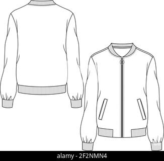 Varsity Bomber jacket technical fashion illustration with Rib baseball  collar cuffs jetted pockets buttons fastening long sleeves Flat coat  template front white color Women men unisex top CAD Stock Vector Image 
