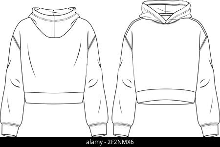 Women Hooded Crop Top fashion flat sketch template. Technical Fashion Illustration. Girls short Sweatshirt Stock Vector