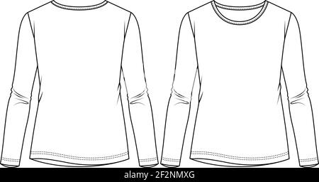 Women Long Sleeves top fashion flat sketch template. Girls Regular length tee Technical Fashion Illustration Stock Vector
