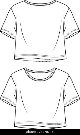 Women Flare Jersey Crop Top fashion flat sketch template. Girls Short Sleeves tee Technical Fashion Illustration. Relax Fit T-Shirt Stock Vector