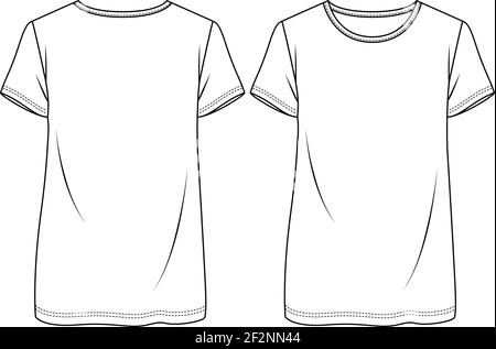 Women Boxy Fit t-shirt fashion flat sketch template. Girls Tunic Length Tee Technical Fashion Illustration Stock Vector