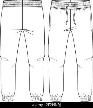 Kids Basic Fleece Sweat Pant fashion flat sketch template. Technical Fashion Illustration. Jogger CAD. Stock Vector