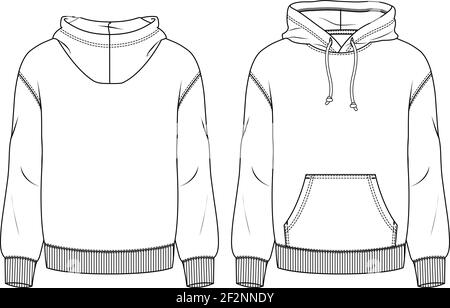 Boys hooded Sweatshirt with drawcord fashion flat sketch template. Technical Fashion Illustration. Men Fleece top with front pocket detail Stock Vector