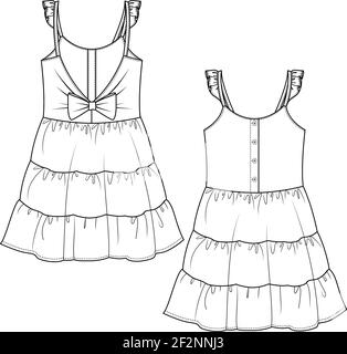 Girls' Tiered Dress, fashion sketch template. Technical Fashion Illustration. Bow and Frill detail. Buttoned Front Stock Vector