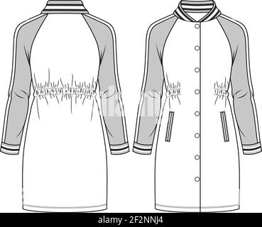 Girls Sporty Knit Dress fashion flat sketch template. Baseball Jacket Technical Fashion Illustration. Raglan sleeves, elastic back and snap opening Stock Vector