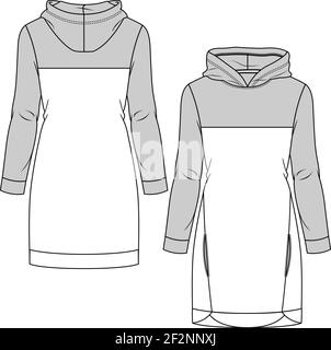 Vector Sweatshirt Dress Technical Drawing, Woman Long Sleeved Dress 