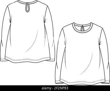 Baby Girls long sleeves flare Top fashion flat sketch template. Girls Technical Fashion Illustration. Back Keyhole opening Stock Vector