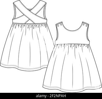 Baby Girls sleeveless dress fashion flat sketch template. Girls Kids Top Technical Fashion Illustration. Strap crossing over at back Stock Vector