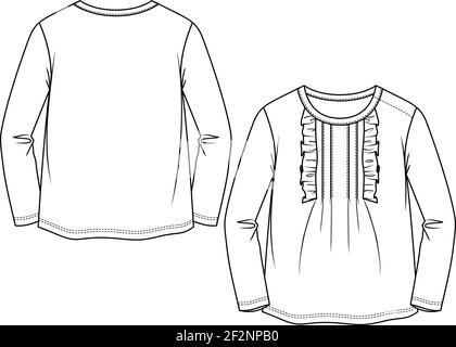 Baby Girls Long sleeves top fashion flat sketch template. Kids Girls Technical Fashion Illustration. Front Ruffle detail. Shoulder Opening Stock Vector