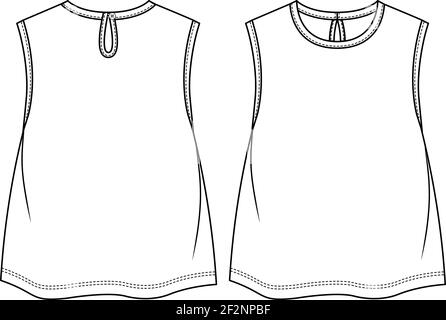 Baby Girls Tank top fashion flat sketch template. Girls Kids Technical Fashion Illustration. Back Keyhole opening. Binding at neck and Armholes Stock Vector