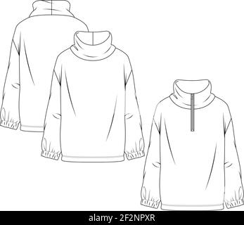 Women Polar Fleece Turtleneck Sweatshirt fashion flat sketch template. Girls Technical Fashion Illustration. Long Sleeves. Zipper Option Stock Vector