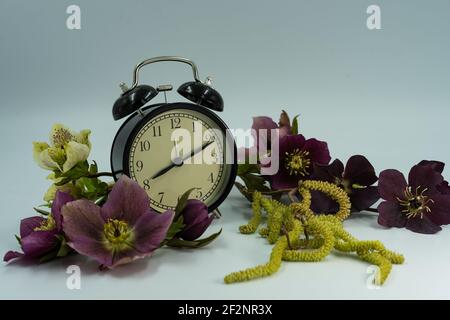 Vintage clock with spring flowers. Daylight saving time concept. Stock Photo