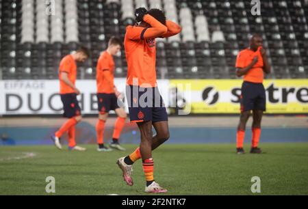 Club's Clinton Mata looks dejected after a postponed soccer match between Sporting Charleroi and Club Brugge KV, Friday 12 March 2021 in Charleroi, of Stock Photo