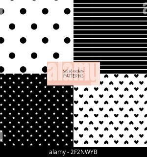 Set of four geometric seamless patterns. Vector illustration. Black and white Polkadots Stripes Hearts stars Stock Vector