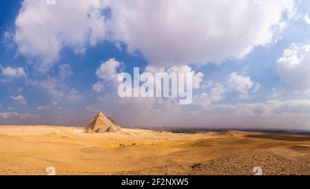 Panorama, Egypt, Pyramids of Giza, distant view with clouds Stock Photo