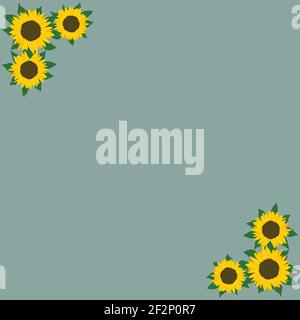 Simple Trendy Green Background With Corner Frame Of Hand Drawn Sunflowers Stock Vector