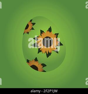 Beautiful Green Easter Egg Decorated With Hand Drawn Sunflowers Over Green Gradient Background Stock Vector