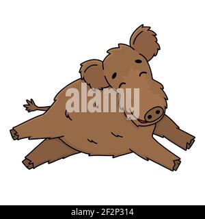 Brown cute fluffy Vector outline cartoon boar male wild pig. Doodle isolated illustration on white background. Side view, eyes are closed, animal is h Stock Vector