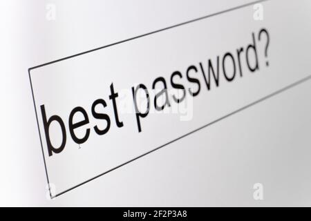 Search bar on a computer monitor with the question Best password. Searching for information on the Internet, close up. Stock Photo