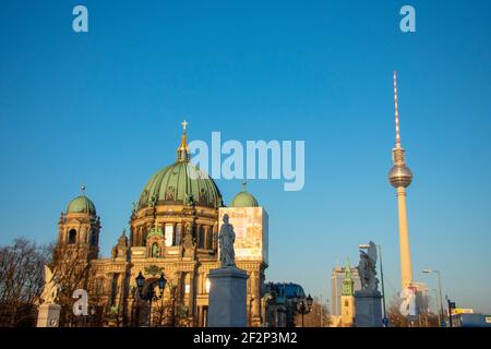 Landscape of the Berliner Dom Cathedral and TV Tower in Mitte Berlin Stock Photo