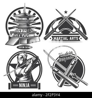 Set of vintage ninja emblems, labels, badges, logos. Isolated on white Stock Vector