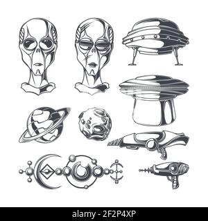 Set of UFO elements for creating your own badges, logos, labels, posters etc. Isolated on white. Stock Vector