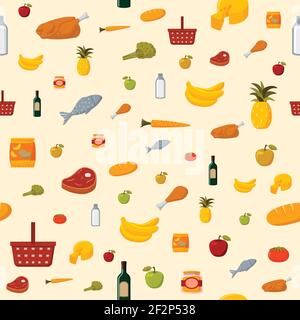 Supermarket food items seamless background of fresh and natural vegetables fruits meat and dairy products isolated vector illustration Stock Vector