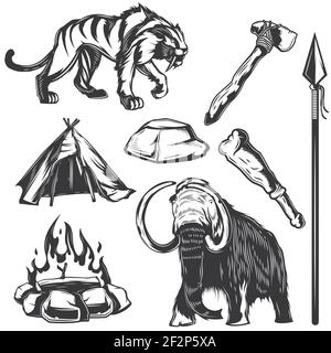 Set of ancient animals and apps elements for creating your own badges, logos, labels, posters etc. Isolated on white. Stock Vector