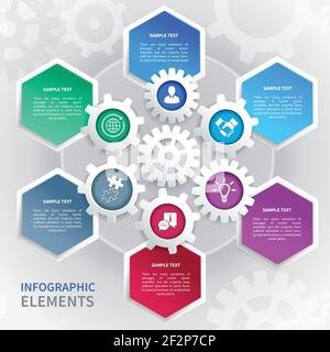 Abstract business paper gear infographics elements template in bee cells pattern vector illustration Stock Vector