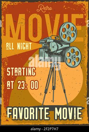 Poster design with illustration of a projector on vintage background. Stock Vector