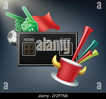 Vector digital display and attributes of the fans with foam hands, ball, flag, trumpet and hat with horns. Stock Vector