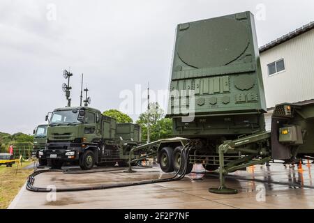 A AN/MPQ-53 radar set of a MIM-104 Patriot PAC-2 PAC-3 missile system of the Japanese Air Self Defence Force at Nara Base, Japan Stock Photo