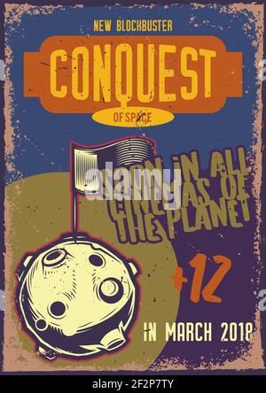 Poster design with illustration of the Moon with a flag on vintage background. Stock Vector