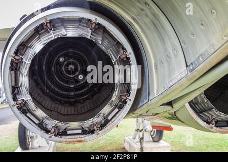 Close up detail of the engine exhaust on a Mitsubishi F-1 jet fighter the Japanese Air Self-Defence Force, at Nara Base in Nara city, Japan Stock Photo