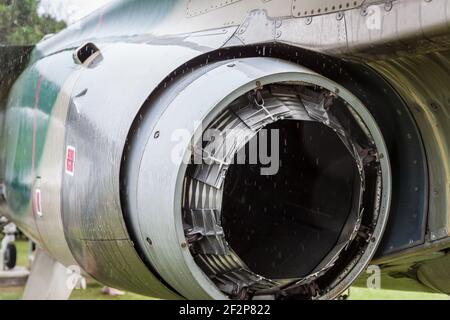 Close up detail of the engine exhaust on a Mitsubishi F-1 jet fighter the Japanese Air Self-Defence Force, at Nara Base in Nara city, Japan Stock Photo