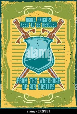 Poster design with illustration of swords and a shield on vintage background. Stock Vector