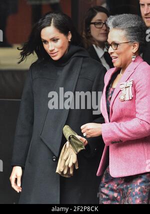 File photo dated 01/02/19 of the Duchess of Sussex with Lord-Lieutenant of Bristol, Peaches Golding (right). The representative of the Queen has said she is 'always treated with the utmost respect and dignity' by the Royal Family. Peaches Golding described the family as 'people who are trying to get the best out of each other on every occasion', as the fallout continues from the Duke and Duchess of Sussex's interview with Oprah Winfrey. Issue date: Friday March 12, 2021. Stock Photo