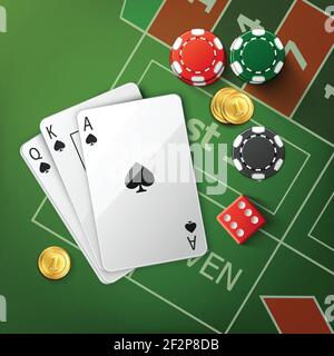 Vector green poker table with playing cards, red dice, gold coins and stacks of casino chips top view Stock Vector