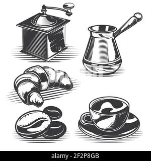Set of coffee and equipment, a croissant for creating your own badges, logos, labels, posters etc. Isolated on white. Stock Vector