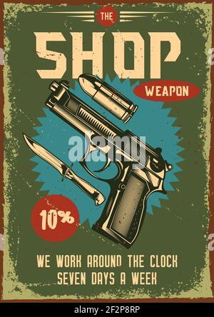 Poster design with illustration of a gun and its parts on vintage background. Stock Vector