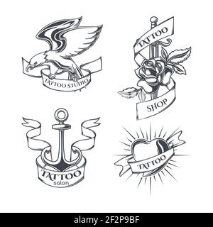 Download Vintage Tattoo Studio Monochrome Labels With Tattoo Machine Crossed Military Knives Anchor Flying Swallows Rose Pierced With Knife Isolated Vector Ill Stock Vector Image Art Alamy