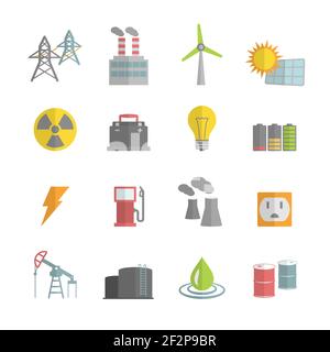 Energy power flat icons set of solar panels wind turbine and nuclear plant isolated vector illustration Stock Vector