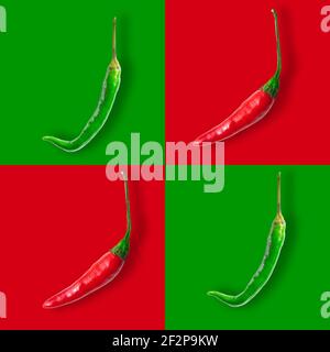 Seamless pattern of red and green hot chilli peppers isolated on red and green backgrounds. Pop art Stock Photo