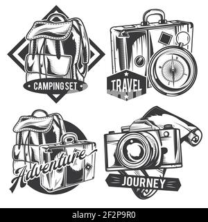 Set of vintage travelling emblems, labels, badges, logos. Isolated on white Stock Vector