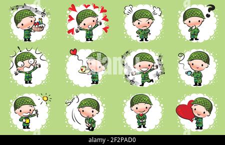 vector cartoon soldier emoji action life set Stock Vector