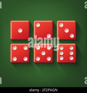 Vector set of red casino dice top view isolated on green poker table Stock Vector