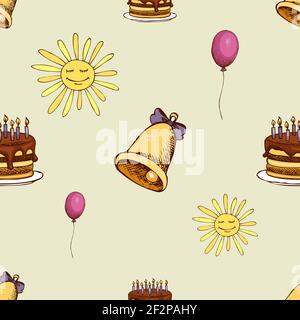 Pattern with sun, bell and cake. Hipster decoration seamless background. Vector illustration Stock Vector
