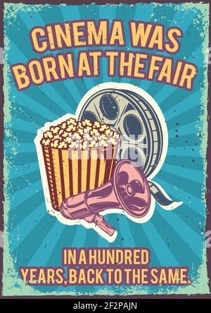 Poster design with illustration of a popcorn and filmstrip, megaphone on vintage background. Stock Vector