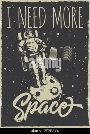 Poster design with illustration of a moon-rover and a planet on vintage background. Stock Vector